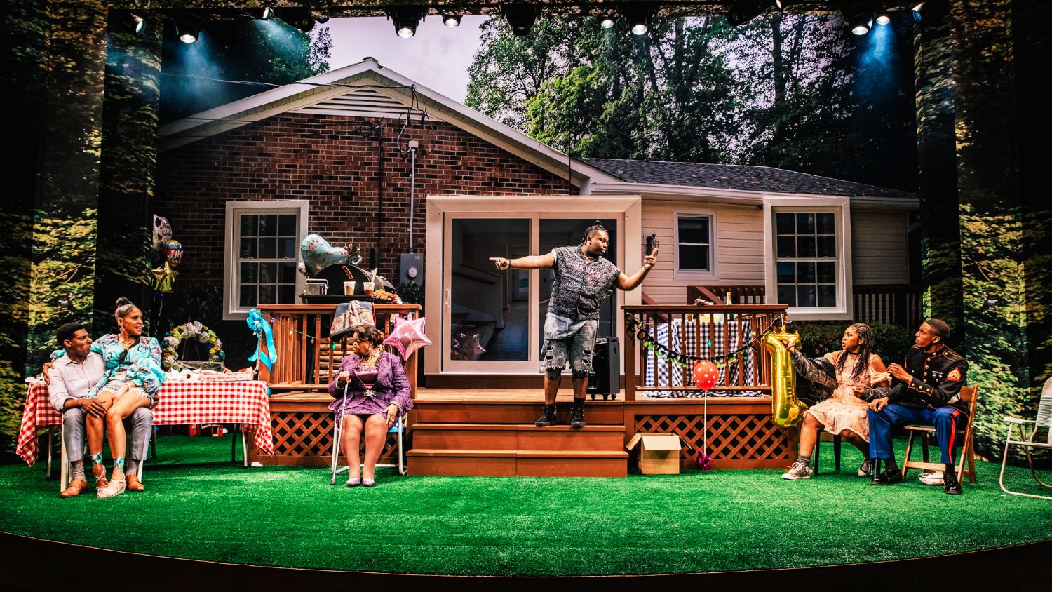 PHOTO: Jeff Lorch | The South Pasadenan | Billy Eugene Jones, Nikki Crawford, Benja Kay Thomas, Marcel Spears, Adrianna Mitchell, and Matthew Elijah Webb in Fat Ham at Geffen Playhouse.