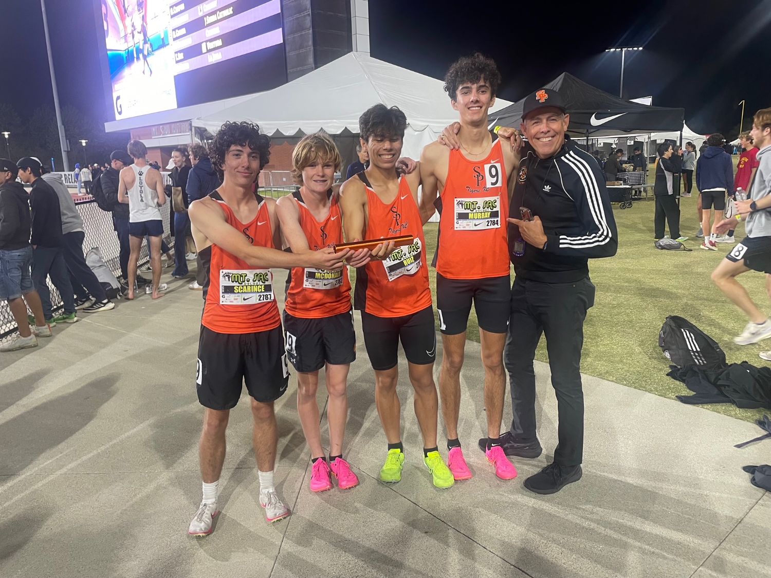 PHOTO: provided by SPHS Track | The South Pasadenan | 4x800 relay team sets new school record. l-r: Michael Scarince, Rocket McDonald, Adam Ruiz, Keeran Murray, Coach Mike Parkinson.