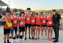 PHOTO: provided by Mike Parkinson | SPHS distance relay teams pictured with Coach Mike Parkinson at Mt. Sac. l-r: Adam Ruiz, Peter Dickinson, Michael Scarince, Keeran Murray, Mia Holden, Abby Errington, Saidbh Byrne, Rose Vandevelde, Coach Mike Parkinson.