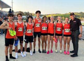 SPHS Track | Three New School Records set at Mt. Sac PHOTO: provided by Mike Parkinson | SPHS distance relay teams pictured with Coach Mike Parkinson at Mt. Sac. l-r: Adam Ruiz, Peter Dickinson, Michael Scarince, Keeran Murray, Mia Holden, Abby Errington, Saidbh Byrne, Rose Vandevelde, Coach Mike Parkinson.