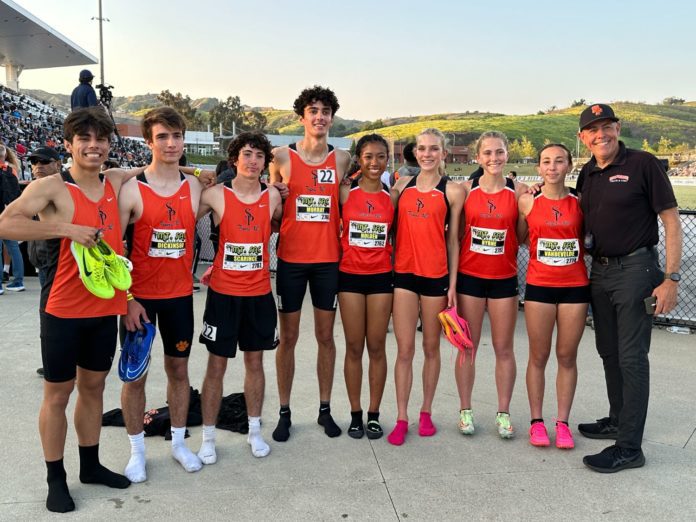 PHOTO: provided by Mike Parkinson | SPHS distance relay teams pictured with Coach Mike Parkinson at Mt. Sac. l-r: Adam Ruiz, Peter Dickinson, Michael Scarince, Keeran Murray, Mia Holden, Abby Errington, Saidbh Byrne, Rose Vandevelde, Coach Mike Parkinson.