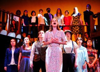 PHOTO: Emiko Essmiller | The South Pasadenan | Iris Barrera and the cast of Bright Star on stage at South Pasadena High School's Anderson Auditorium.