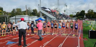 PHOTO: provided by CB Richards | The South Pasadenan | High school track and field athletes on the starting line for the 1600m race at the 2024 Tiger Invitational at South Pasadena High School.