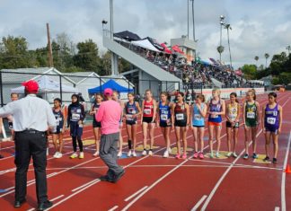 SPHS Hosts 2024 Tiger Invitational PHOTO: provided by CB Richards | The South Pasadenan | High school track and field athletes on the starting line for the 1600m race at the 2024 Tiger Invitational at South Pasadena High School.