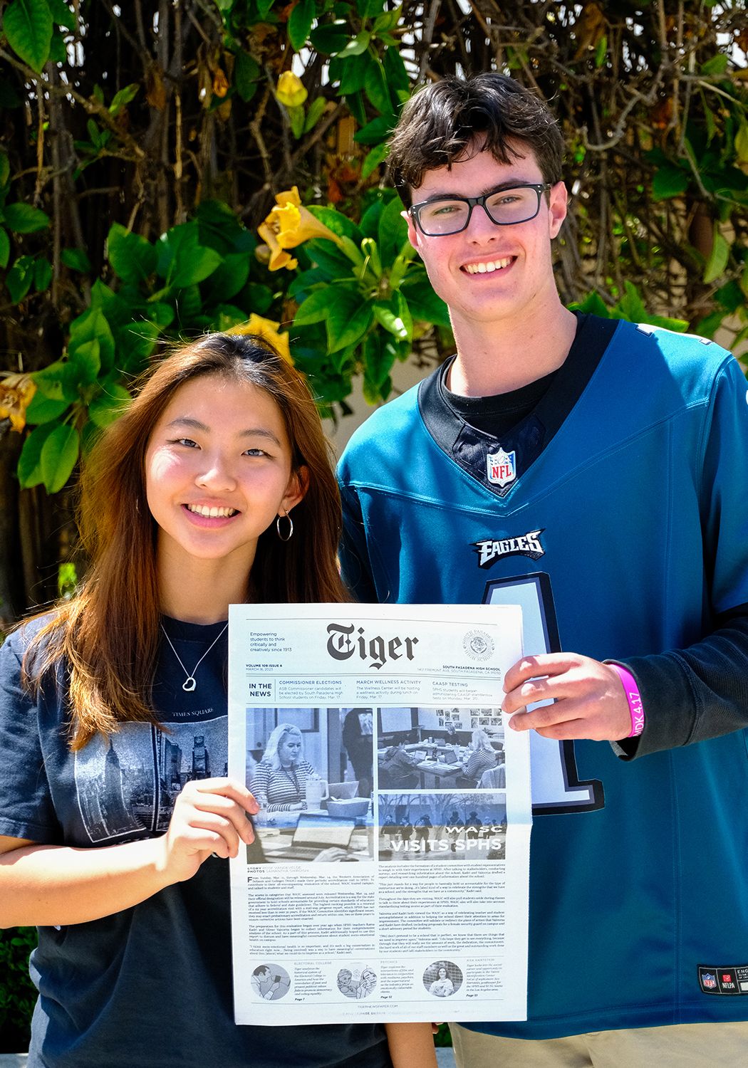 | The South Pasadenan | South Pasadena News PHOTO: Emiko Essmiller (provided by SPUSD) | Tiger Newspaper Editor-in-Chief Hanna Bae (left) and Online Managing Editor Benjamin Regan (right) hold an issue from March 2023.