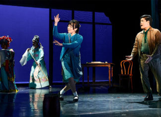 A Beautiful “Flower Drum Song” from East West Players and JACCC PHOTO: Mike Palma | South Pasadena News | (L-R) Ai Toyoshima, Brian Shimasaki Liebson, Grace Yoo, and Scott Keiji Takeda in RODGERS AND HAMMERSTEIN’S FLOWER DRUM SONG, produced by East West Players and the Japanese American Cultural and Community Center.