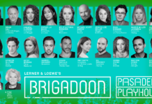 Full Cast Announced for BRIGADOON! | Pasadena Playhouse Promotional poster for Lerner & Loewe's Brigadoon at Pasadena Playhouse, showing a grid of cast headshots on a turquoise gradient with the title Brigadoon in a bordered box.