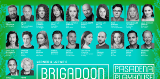 Promotional poster for Lerner & Loewe's Brigadoon at Pasadena Playhouse, showing a grid of cast headshots on a turquoise gradient with the title Brigadoon in a bordered box.