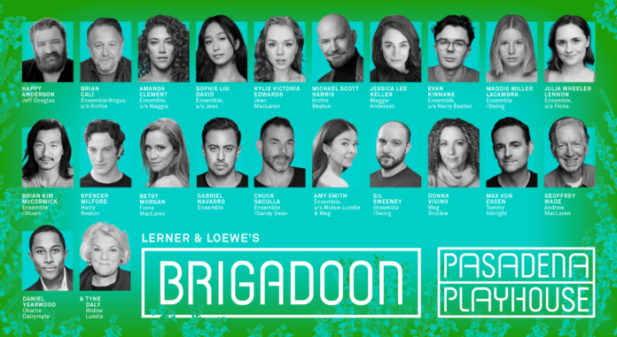 Promotional poster for Lerner & Loewe's Brigadoon at Pasadena Playhouse, showing a grid of cast headshots on a turquoise gradient with the title Brigadoon in a bordered box.