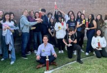 PHOTO: Todd Edwards | The South Pasadenan | South Pasadena Middle School drama students celebrate a first-place victory at the 2024 DTASC Shakespeare Festival. 