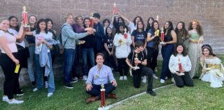 PHOTO: Todd Edwards | The South Pasadenan | South Pasadena Middle School drama students celebrate a first-place victory at the 2024 DTASC Shakespeare Festival. 