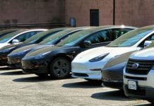 PHOTO: TESLA - Tina Kistinger | The South Pasadenan News | Newly delivered Tesla Model 3's at the South Pasadena Police Station. The next steps include converting the vehicles into fully operational police units, and installing the charging stations.