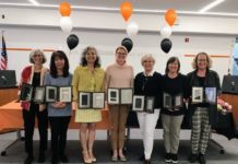 PHOTO: SPUSD | The South Pasadenan | SPUSD retirees from left to right: Amy Blum, Leslie Matsunaga, Laurie Narro, Sharon Reed, Kim Sinclair, Ann Foster and Natasha Prime celebrate during an employee recognition ceremony on Thursday, May 25, 2023. (Not pictured: Amy Barker)