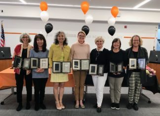 PHOTO: SPUSD | The South Pasadenan | SPUSD retirees from left to right: Amy Blum, Leslie Matsunaga, Laurie Narro, Sharon Reed, Kim Sinclair, Ann Foster and Natasha Prime celebrate during an employee recognition ceremony on Thursday, May 25, 2023. (Not pictured: Amy Barker)