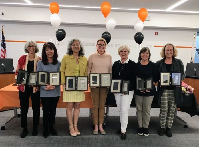 PHOTO: SPUSD | The South Pasadenan | SPUSD retirees from left to right: Amy Blum, Leslie Matsunaga, Laurie Narro, Sharon Reed, Kim Sinclair, Ann Foster and Natasha Prime celebrate during an employee recognition ceremony on Thursday, May 25, 2023. (Not pictured: Amy Barker)