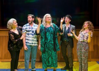PHOTO: Craig Schwartz | The South Pasadenan | From L to R: Liz Larsen, Zachary Prince, Daya Curley, Adina Verson, and Sarah Stiles in the world premiere of "A Transparent Musical" at Mark Taper Forum May 23 through June 25, 2023.