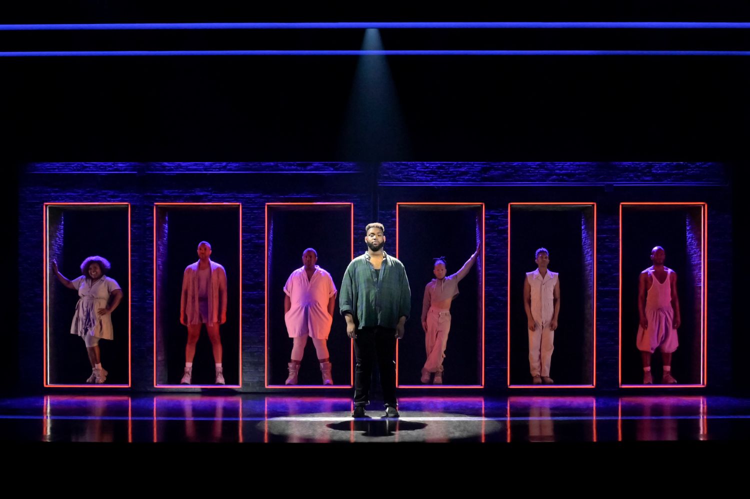 PHOTO: Alessandra Mello | The South Pasadenan | From L to R: Tarra Conner Jones, Jordan Barbour, John-Andrew Morrison, Malachi McCaskill, Avionce Hoyles, J. Cameron Barnett, and Jamari Johson Williams in "A Strange Loop" at Center Theatre Group's Ahmanson Theatre June 5 through June 30, 2024. 