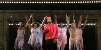 PHOTO: Alessandra Mello | The South Pasadenan | From L to R: Jamari Johnson Williams, Tarra Conner Jones, Jordan Barbour, Malachi McCaskill, John-Andrew Morrison, Avionce Hoyles, and J. Cameron Barnett in "A Strange Loop" at Center Theatre Group's Ahmanson Theatre June 5 through June 30, 2024.