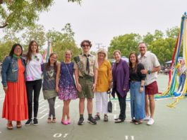 PHOTO: Eric Staudenmaier | South Pasadenan | Otto and his former teachers (and past principals) still at Marengo, L-R: Tiffany Lewis, Katherine Perry, Valerie Omine, Rachael Wong, Otto Staudenmaier, Kim Sinclair, Patricia Cheadle, Principal Noelle Fong, Ron Aschieris.