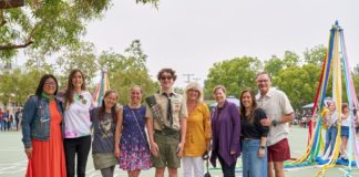 PHOTO: Eric Staudenmaier | South Pasadenan | Otto and his former teachers (and past principals) still at Marengo, L-R: Tiffany Lewis, Katherine Perry, Valerie Omine, Rachael Wong, Otto Staudenmaier, Kim Sinclair, Patricia Cheadle, Principal Noelle Fong, Ron Aschieris.