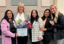 PHOTO: provided by Sheila Pautsch | The South Pasadenan | Sheila Pautsch, second from left, was honored during a recent South Pasadena City Council meeting, for her 15 years of services as the city’s community services director. She is joined by, from left, Mayor Evelyn Zneimer, Deputy Director of Community Services Lucy Hakobian, Recreation Supervisor Nathalie Wilcox and Senior Service Supervisor Melissa Snyder.