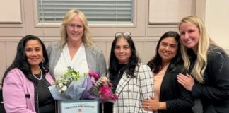 PHOTO: provided by Sheila Pautsch | The South Pasadenan | Sheila Pautsch, second from left, was honored during a recent South Pasadena City Council meeting, for her 15 years of services as the city’s community services director. She is joined by, from left, Mayor Evelyn Zneimer, Deputy Director of Community Services Lucy Hakobian, Recreation Supervisor Nathalie Wilcox and Senior Service Supervisor Melissa Snyder.