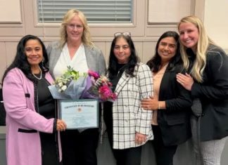 PHOTO: provided by Sheila Pautsch | The South Pasadenan | Sheila Pautsch, second from left, was honored during a recent South Pasadena City Council meeting, for her 15 years of services as the city’s community services director. She is joined by, from left, Mayor Evelyn Zneimer, Deputy Director of Community Services Lucy Hakobian, Recreation Supervisor Nathalie Wilcox and Senior Service Supervisor Melissa Snyder.