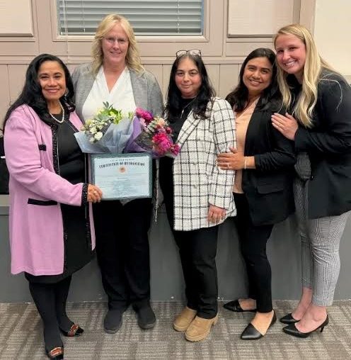 | The South Pasadenan | South Pasadena News PHOTO: provided by Sheila Pautsch | The South Pasadenan | Sheila Pautsch, second from left, was honored during a recent South Pasadena City Council meeting, for her 15 years of services as the city’s community services director. She is joined by, from left, Mayor Evelyn Zneimer, Deputy Director of Community Services Lucy Hakobian, Recreation Supervisor Nathalie Wilcox and Senior Service Supervisor Melissa Snyder.