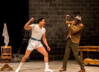 PHOTO: Craig Schwartz | The South Pasadenan | L to R: Ray Fisher and Edwin Lee Gibson in “Fetch Clay, Make Man” at Center Theatre Group's Kirk Douglas Theatre June 18 through July 16, 2023, produced in association with The SpringHill Company.