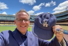 Dodgers’ Historian Mark Langill on Road to Recovery PHOTO: provided by Mark Langill | The South Pasadenan | Longtime South Pasadena resident Dodger Team Historian Mark Langill shows his 2020 World Series ring and hat he’s had since the age of 7 He was among the club’s front office staff receiving their coveted piece of jewelry during a ceremony in the outfield at Dodger Stadium.