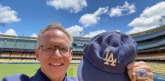 PHOTO: provided by Mark Langill | The South Pasadenan | Longtime South Pasadena resident Dodger Team Historian Mark Langill shows his 2020 World Series ring and hat he’s had since the age of 7 He was among the club’s front office staff receiving their coveted piece of jewelry during a ceremony in the outfield at Dodger Stadium.