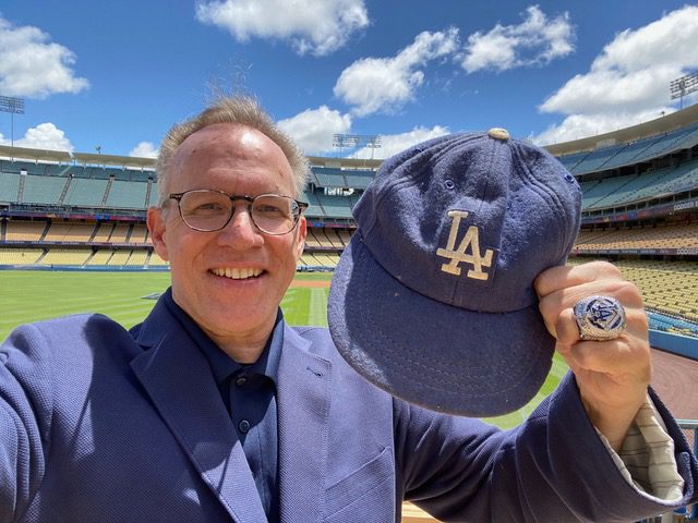 PHOTO: provided by Mark Langill | The South Pasadenan | Longtime South Pasadena resident Dodger Team Historian Mark Langill shows his 2020 World Series ring and hat he’s had since the age of 7 He was among the club’s front office staff receiving their coveted piece of jewelry during a ceremony in the outfield at Dodger Stadium.