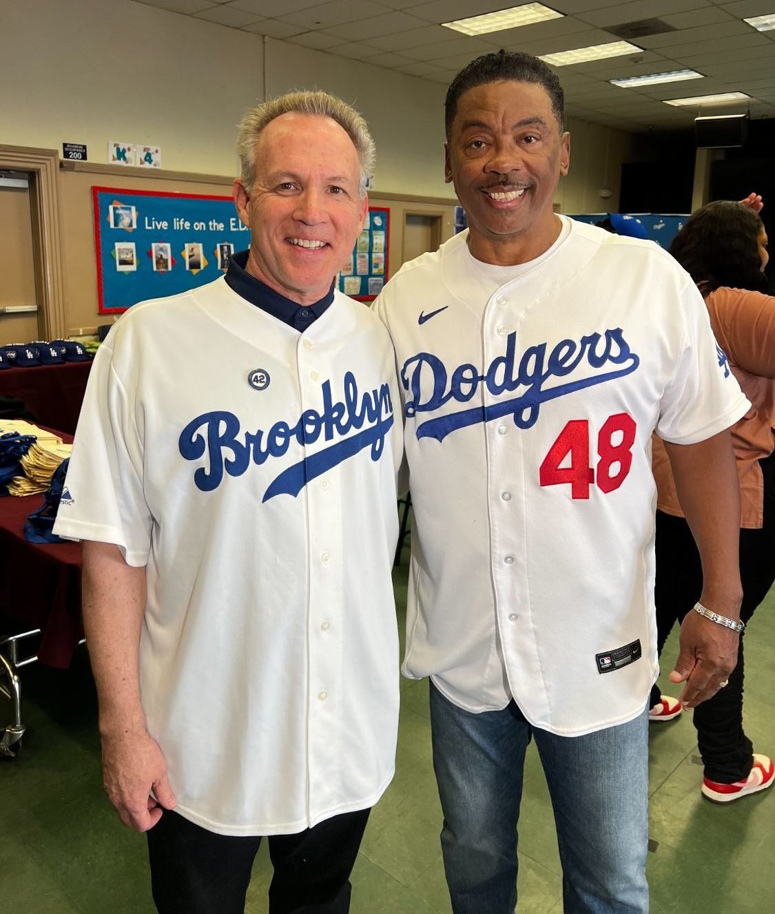 | The South Pasadenan | South Pasadena News P)HOTO: provided by Mark Langill | The South Pasadenan | Not only does Mark Langill, left, know plenty about the Los Angeles Dodgers, but also a whole lot about Brooklyn, the club’s original home. Above, he’s joined by former Dodger pitcher Dennis Powell at Jackie Robinson’s former elementary school in Pasadena. It celebrated Jackie Robinson Day in the Major Leagues on the 77th anniversary of Robinson’s debut with the Brooklyn Dodgers.