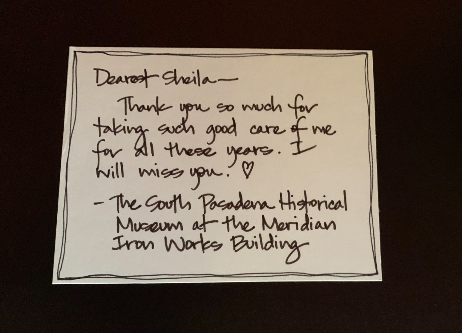PHOTO: provided by SPPF | The South Pasadenan | A Carol Palmerston pen and ink drawing of the South Pasadena Historical Museum presented to Sheila Pautsch for her retirement.
