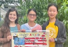 PHOTO: SPARC | The South Pasadenan | 4th of July poster contest finalists Marisola Barba, Seraph Wu, and Cleo Zhang with their entry "Discover America Together".