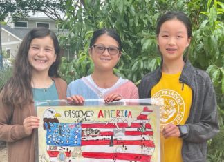 PHOTO: SPARC | The South Pasadenan | 4th of July poster contest finalists Marisola Barba, Seraph Wu, and Cleo Zhang with their entry "Discover America Together".