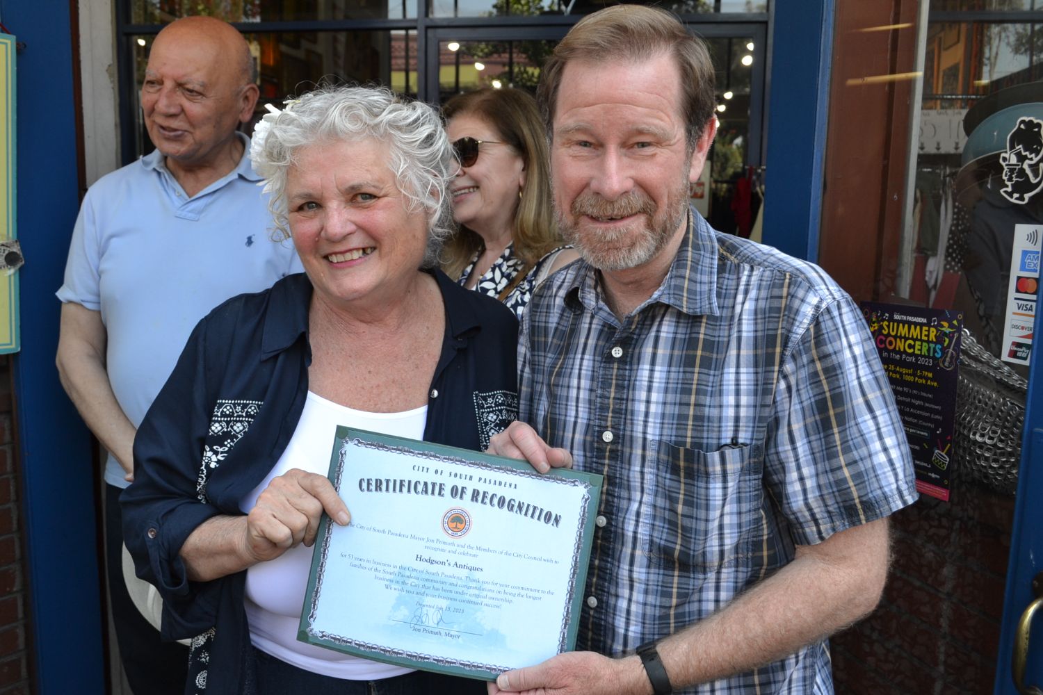 | The South Pasadenan | South Pasadena News PHOTO: Alisa Hayashida | The South Pasadenan | Hodgson's Antiques owner, Peggy Hodgson, pictured with South Pasadena Mayor, Jon Primuth, on the occasion of the celebration of Hodgson's 52 years in business.