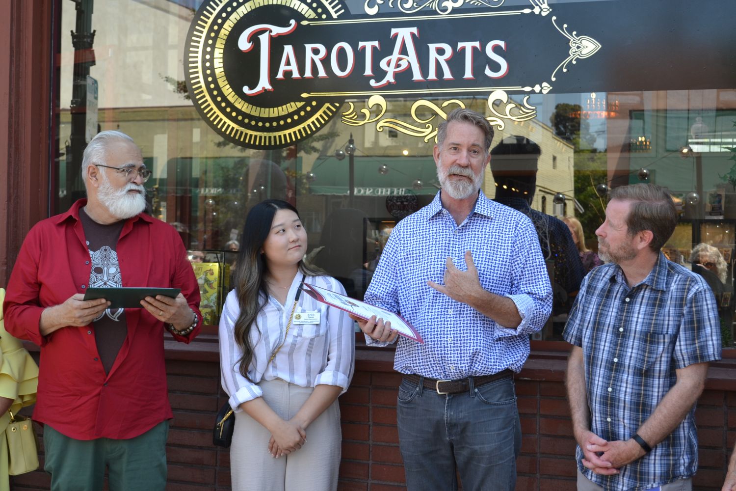 | The South Pasadenan | South Pasadena News PHOTO: Alisa Hayashida | The South Pasadenan | Tarot Arts owner Willaim Toro, Erica Nam from Anthony Portantino's office, Tarot Arts owner Phillip Gibson, and Mayor Jon Primuth at the grand opening of Tarot Arts on Mission Street in South Pasadena.