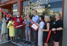 Tarot Arts | New Business in South Pasadena Celebrates with Ribbon Cutting PHOTO: Alisa Hayashida | The South Pasadenan | Tarot Arts celebrates its grand opening with a ribbon cutting. Pictured l-r: Chamber Board Member Karla Thompson, City Councilmember Evelyn Zniemer, City Councilmember Michael Cacciotti, Tarot Arts owner Willaim Toro, Mayor Jon Primuth, Tarot Arts owner Phillip Gibson, Erica Nam from Anthony Portantino's office, City Councilmember Janet Braun, and Chamber Ambassador Chantal Garcia.