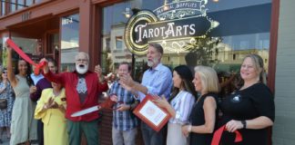 PHOTO: Alisa Hayashida | The South Pasadenan | Tarot Arts celebrates its grand opening with a ribbon cutting. Pictured l-r: Chamber Board Member Karla Thompson, City Councilmember Evelyn Zniemer, City Councilmember Michael Cacciotti, Tarot Arts owner Willaim Toro, Mayor Jon Primuth, Tarot Arts owner Phillip Gibson, Erica Nam from Anthony Portantino's office, City Councilmember Janet Braun, and Chamber Ambassador Chantal Garcia.