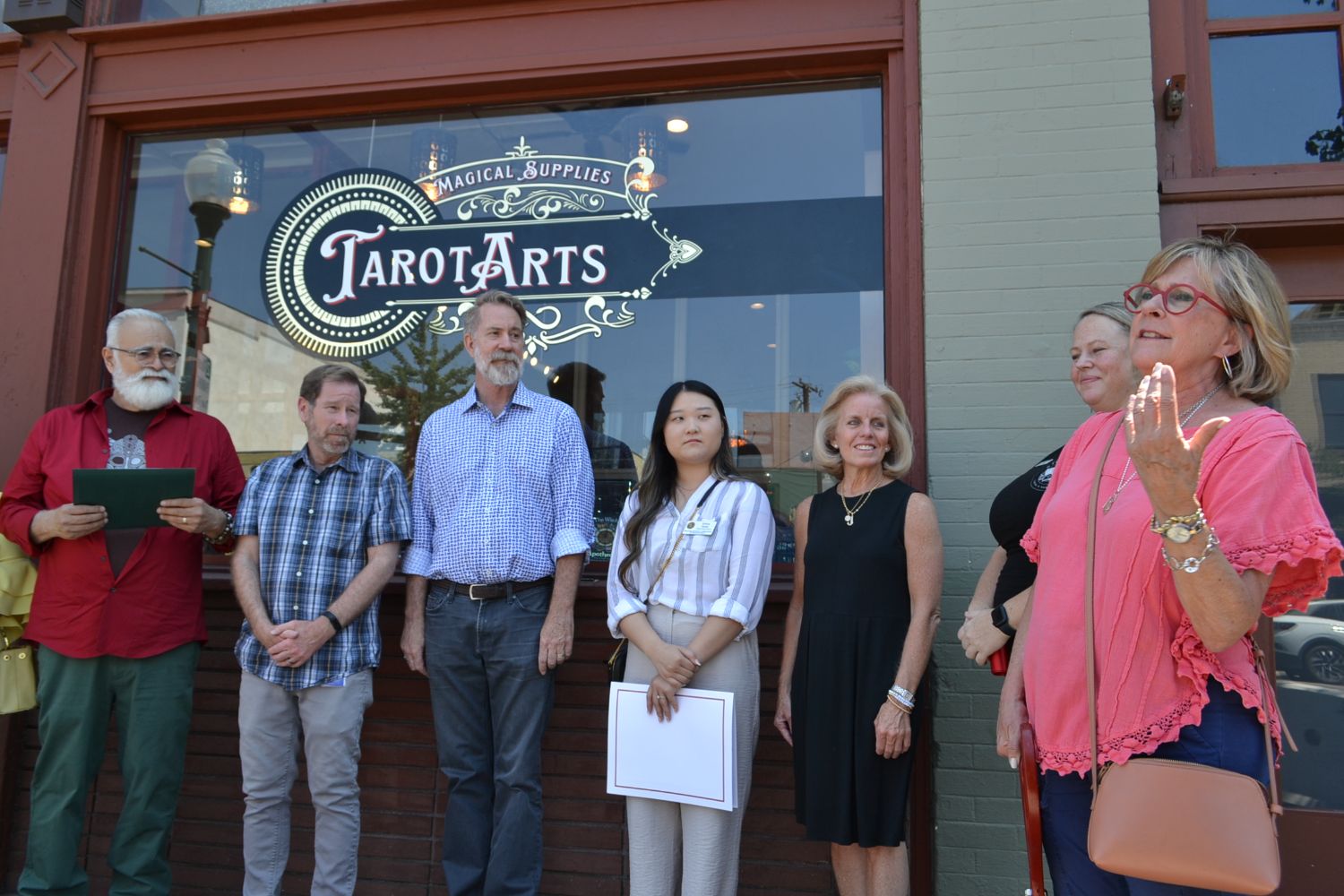 | The South Pasadenan | South Pasadena News PHOTO: Alisa Hayashida | The South Pasadenan | Chamber CEO Laurie Wheeler addresses the crowd gathered at the grand opening of Tarot Arts in South Pasadena.