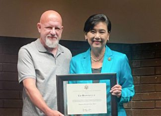 PHOTO: provided by the Office of Congresswoman Judy Chu | The South Pasadenan | Congresswoman Judy Chu presents the Volunteer of the Year Award to Ed Donnelly at the annual Congressional Leadership Awards event in Arcadia July 20