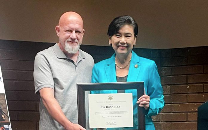 PHOTO: provided by the Office of Congresswoman Judy Chu | The South Pasadenan | Congresswoman Judy Chu presents the Volunteer of the Year Award to Ed Donnelly at the annual Congressional Leadership Awards event in Arcadia July 20