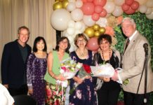 PHOTO: Henk Friezer | The South Pasadenan | Board members of the Senior Citizens Foundation of South Pasadena with Senior Champion honorees, L-R: Mark Langill, VP of Foundation, Shireen Chang, board member, Alexandria Levitt, Treasurer of Foundation, Sally Kilby, honoree, Ellen Daigle, honoree, and Bill Cullinane, President of Foundation.