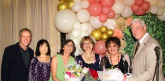 PHOTO: Henk Friezer | The South Pasadenan | Board members of the Senior Citizens Foundation of South Pasadena with Senior Champion honorees, L-R: Mark Langill, VP of Foundation, Shireen Chang, board member, Alexandria Levitt, Treasurer of Foundation, Sally Kilby, honoree, Ellen Daigle, honoree, and Bill Cullinane, President of Foundation.