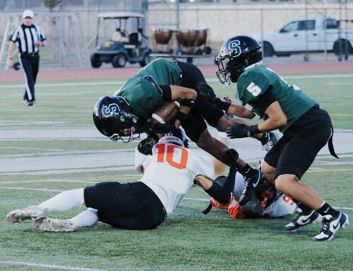 PHOTO: Richard de Lannoy | The South Pasadenan | South Pasadena High opened the 2024 football season Friday night, falling 28-0 to host Schurr. On Friday, the Tigers face Arcadia at 7 p.m. in a home game.