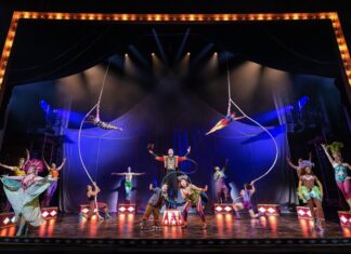Water for Elephants – The Broadway Musical | Now Playing at Hollywood Pantages Circus stage with colorful performers; two aerialists swing from hoops above a central troupe under bright spotlights.