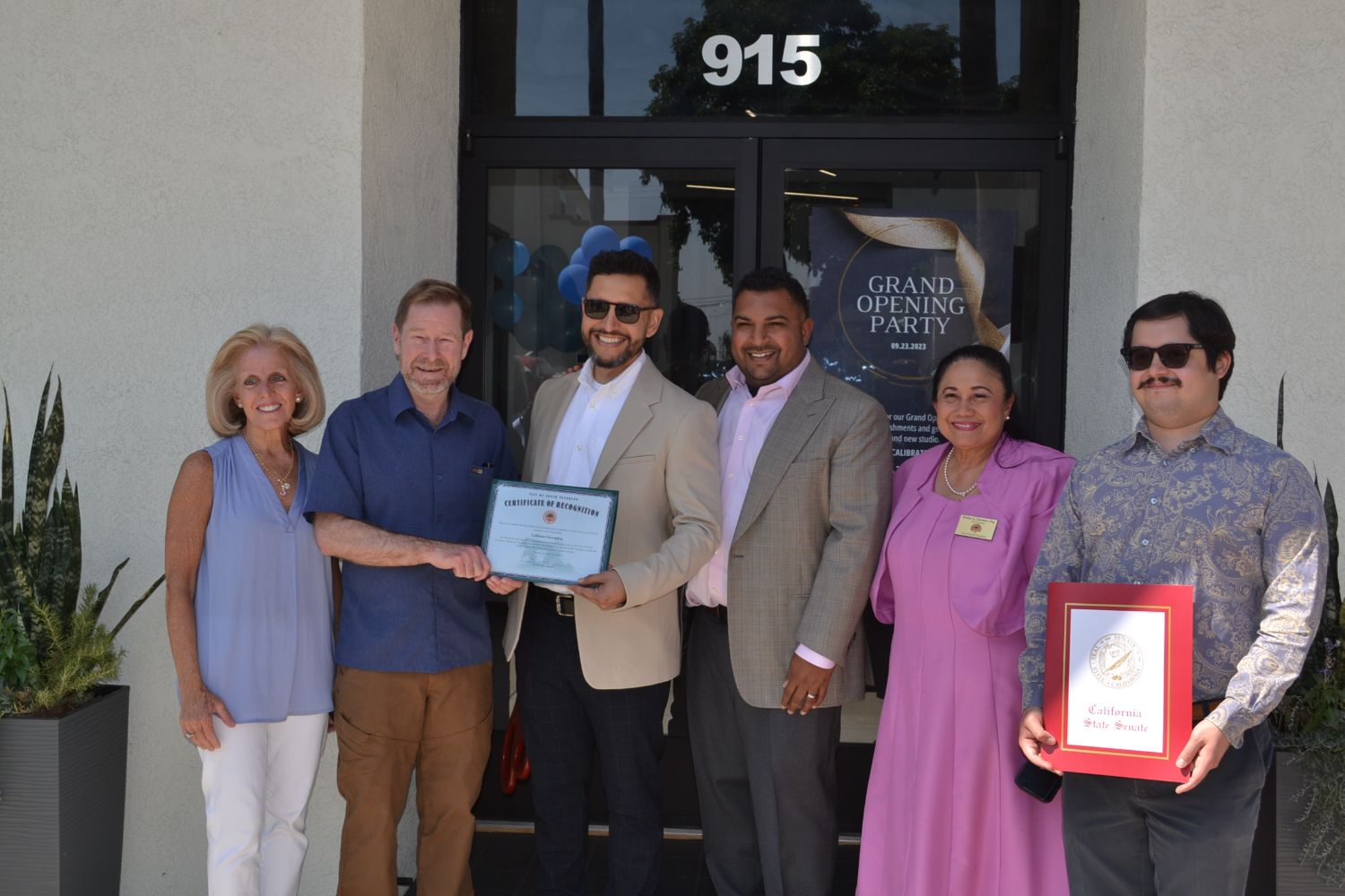 PHOTO: Alisa Hayashida | The South Pasadenan | City Councilmember, Janet Braun, Mayor Jon Primuth, Calibrate owner, Jason Lopez, Calibrate owner, Jonathan Raju, Mayor Pro-Tem, Evelyn Zniemer, and District Representative of Senator Anthony Portantino, Jack Artan, at the grand opening of Calibrate in South Pasadena.