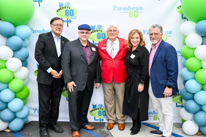 PHOTO: Mike Kwok | The South Pasadenan | Celebrating Twohey’s Restaurant’s 80th Anniversary on Sept. 20 are (left to right) Assemblymember Mike Fong, District 49; Greg Mallis, Twohey’s co-owner; Alex Aghajanian, president, Pasadena Tournament of Roses; Tanya Christos, Twohey’s co-owner; and State Senator Anthony Portantino, 25th District.