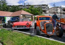 PHOTO: Mike Kwok | The South Pasadenan | Vintage cars displayed at the anniversary event were sponsored by Trompers of Eagle Rock Car Club.